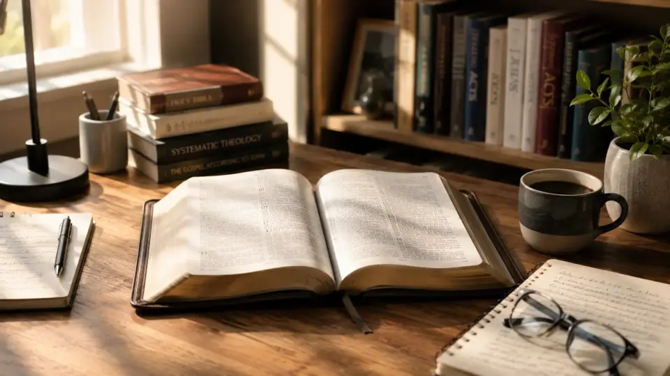 Open Bible on a modern study desk with notebooks, coffee, and warm natural light.