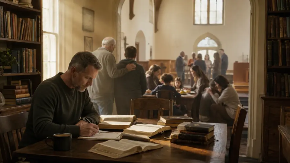 church community life—prayer, mentoring, shared meals, pastoral care, children learning. Seamless layered composition with no hard separation between study and ministry